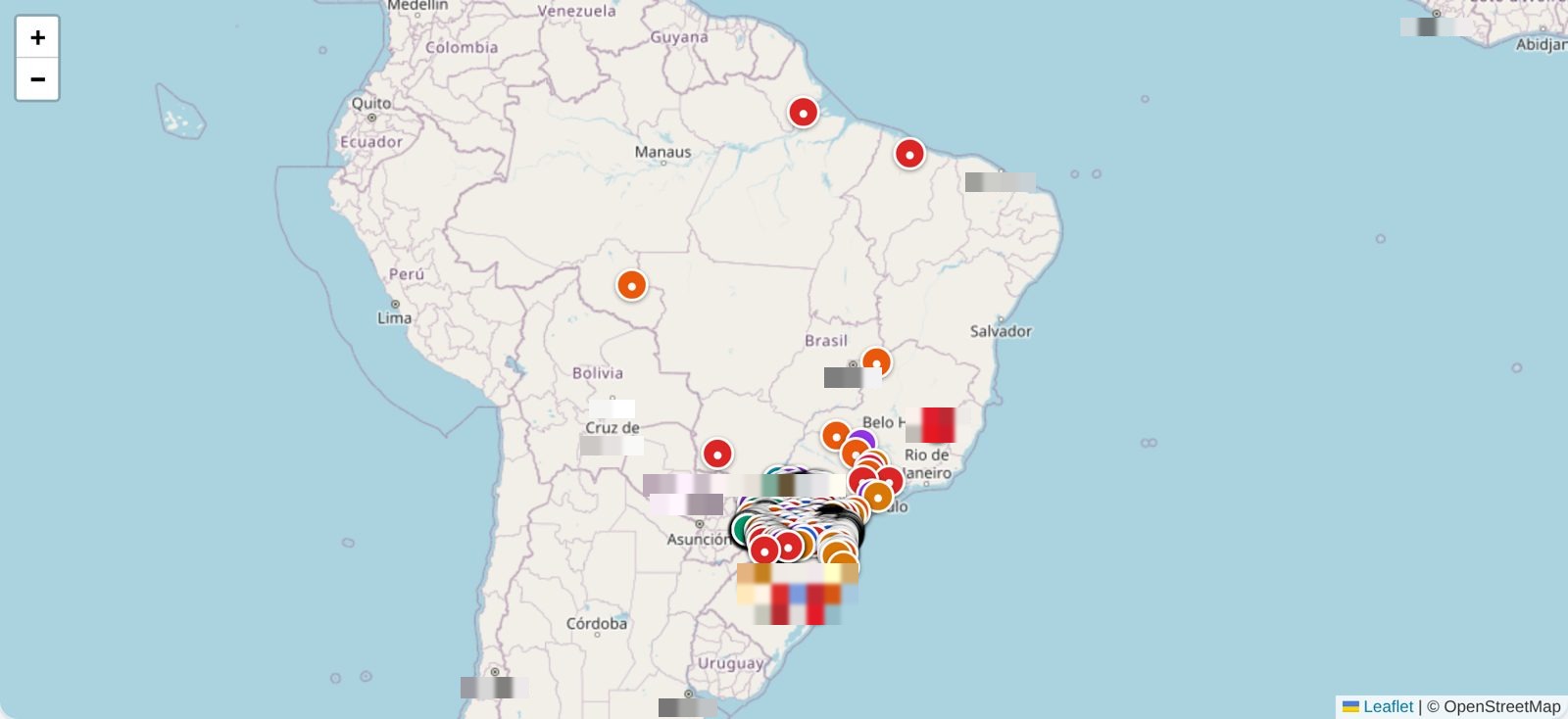 Tela real do Mapa de Clientes do RS Gestão com a carteira distribuída pelo Brasil