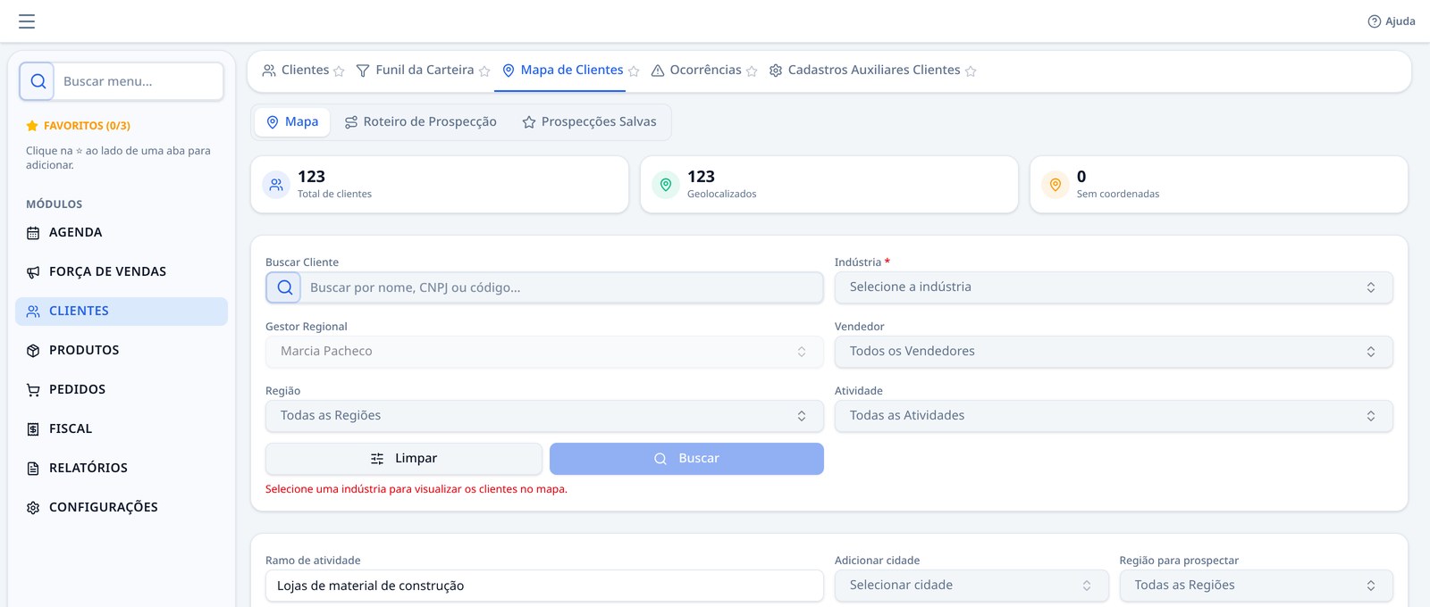 Tela real de Prospecção do RS Gestão: busca por cliente, indústria, região e prospecção por ramo de atividade e cidade
